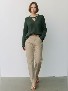 Devoted Sweater Lace Tie Front Keyhole Neckline High Low Hem Green Size Small